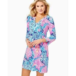 Lilly Pulitzer Beverlynn Preppy Summer V-Neck Beachy Blue and Pink Dress Resort